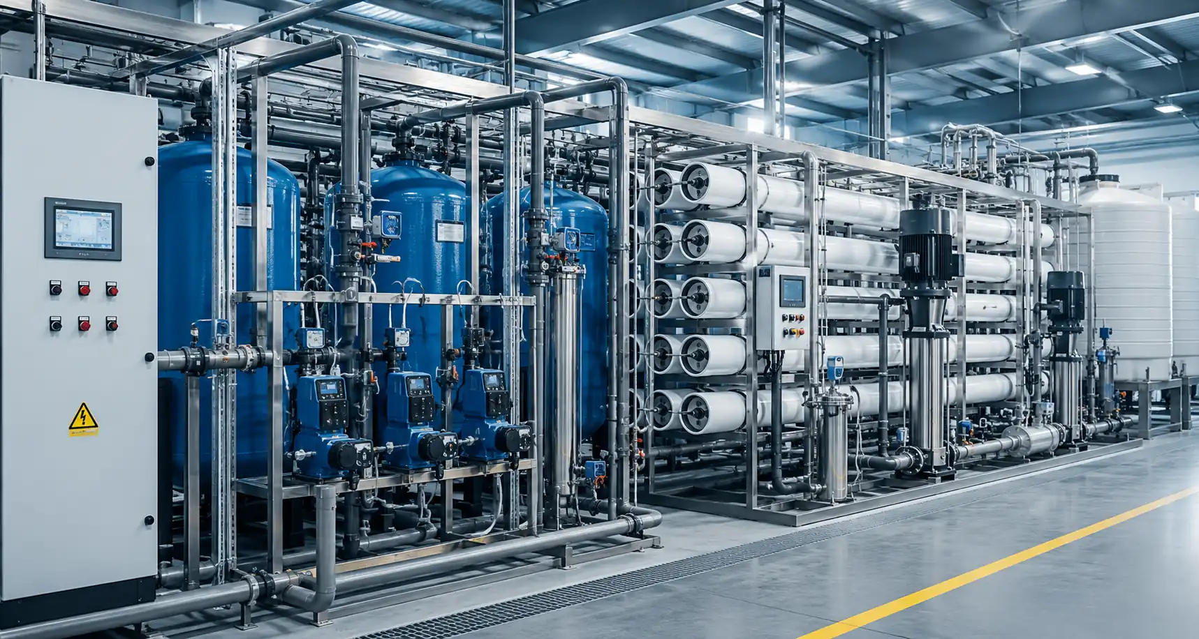 Industrial water-treatment installation with dosing equipment and controlled pipework